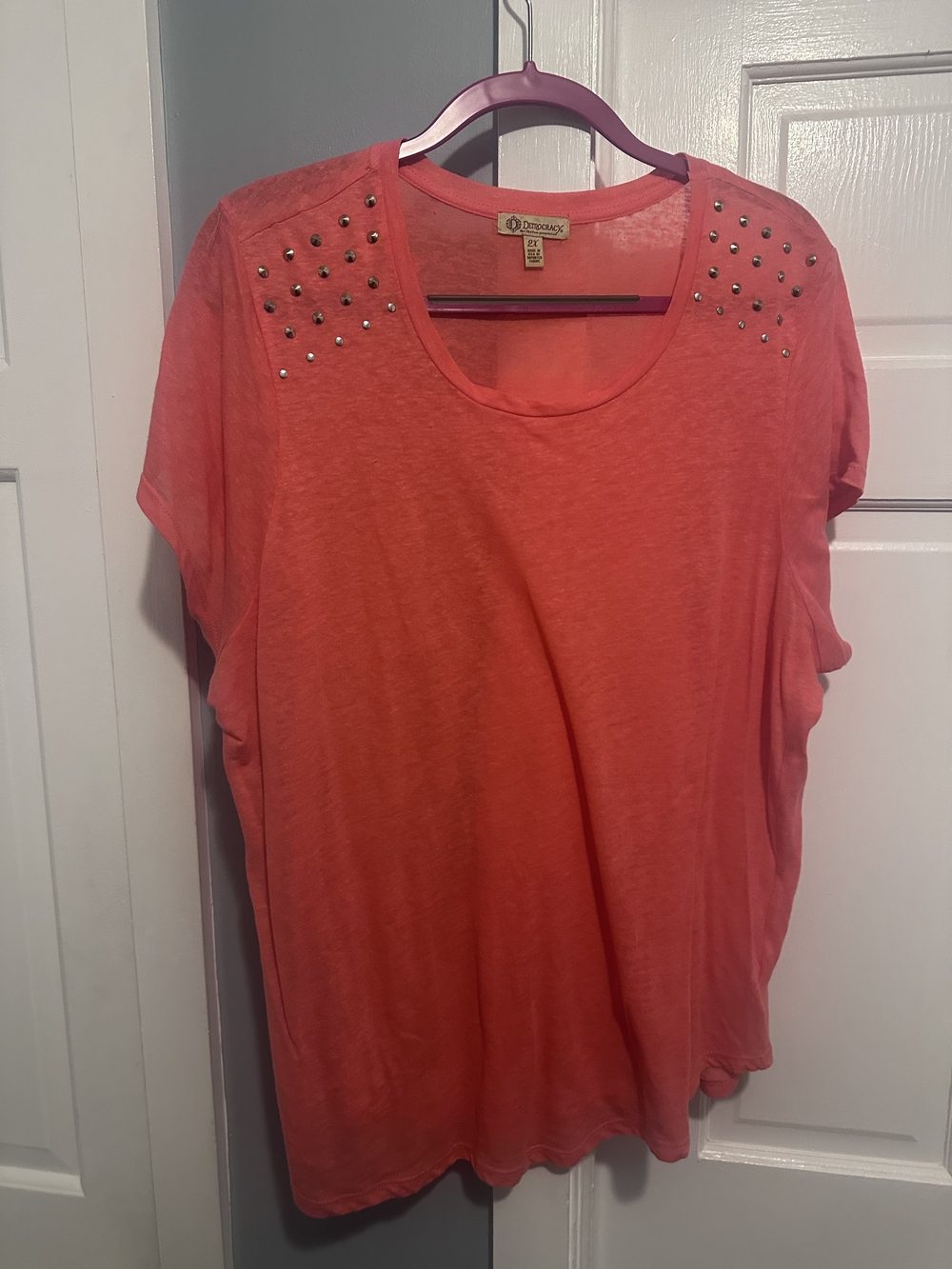 Democracy Coral-Orange Stud Shoulder Short Sleeve Tee - 2X